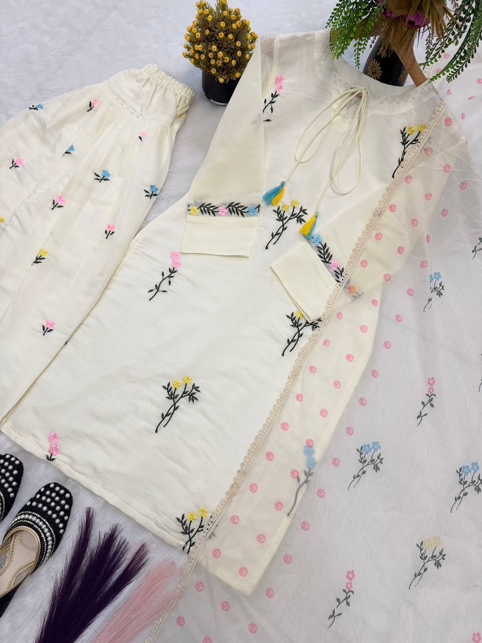 Off-White Pastel Flora Palazzo Suit
